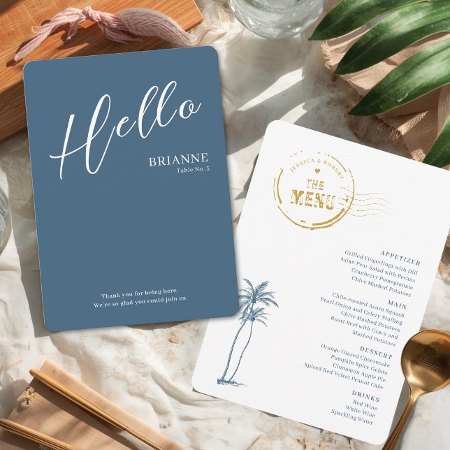 Cartão de Menu e Lugar de Casamento Moderno (Modern three in one menu, name card and greeting message.)