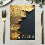 Cartão de Menu Elegante com Brilho Dourado e Preto<br><div class="desc">Este deslumbrante cartão de menu apresenta uma textura de folha dourada luxuosa combinada com um fundo preto elegante e tipografia dourada sofisticada. Ideal para casamentos, banquetes ou eventos de jantar formal, este design complementa perfeitamente temas modernos e sofisticados. Mostre o menu do seu evento com esta peça de papelaria elegante...</div>