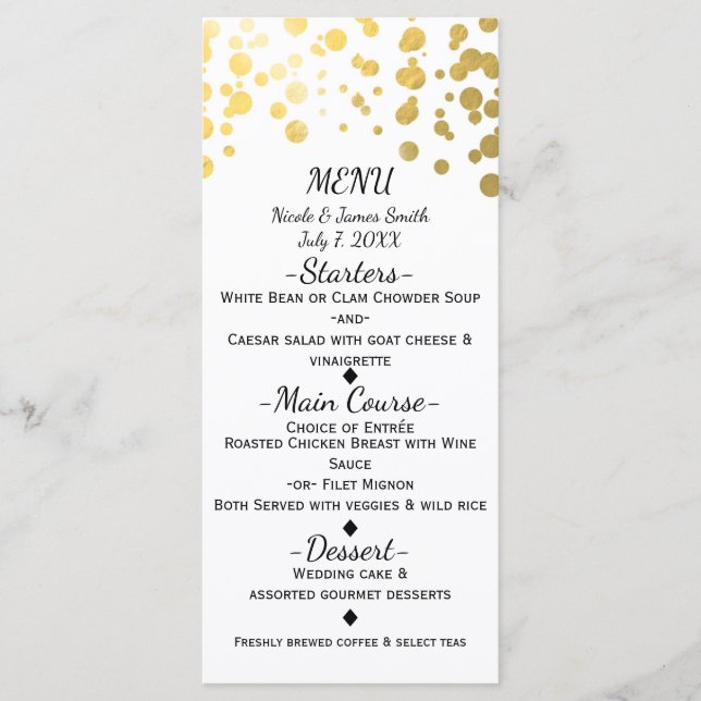 Cartão de Menu Elegante Confete Branco e Dourado F (Frente)