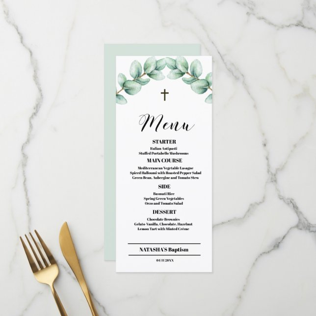 Cartão de Menu Elegante de Batismo com Folhagem Mo (Frente/Verso In Situ)