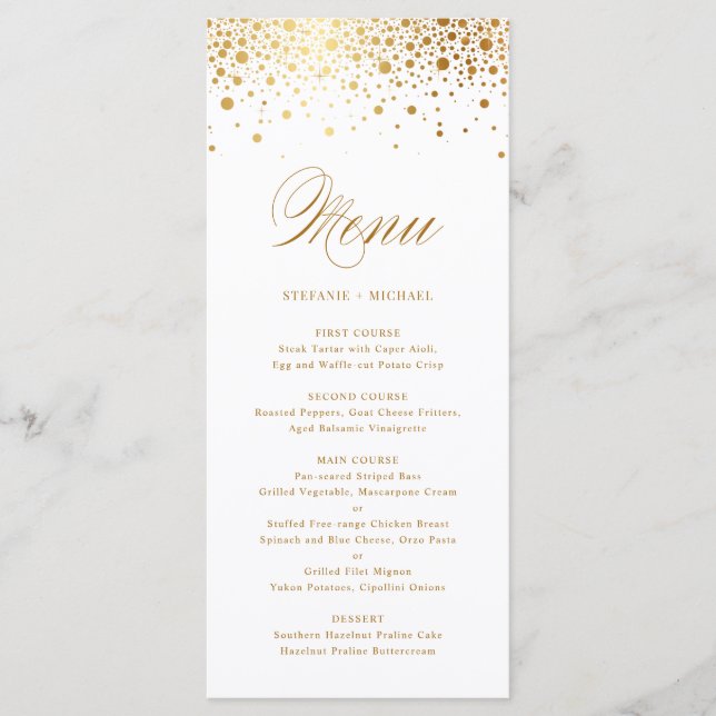 Cartão de Menu Elegante de Foil Ouro Faux Confetti (Frente)