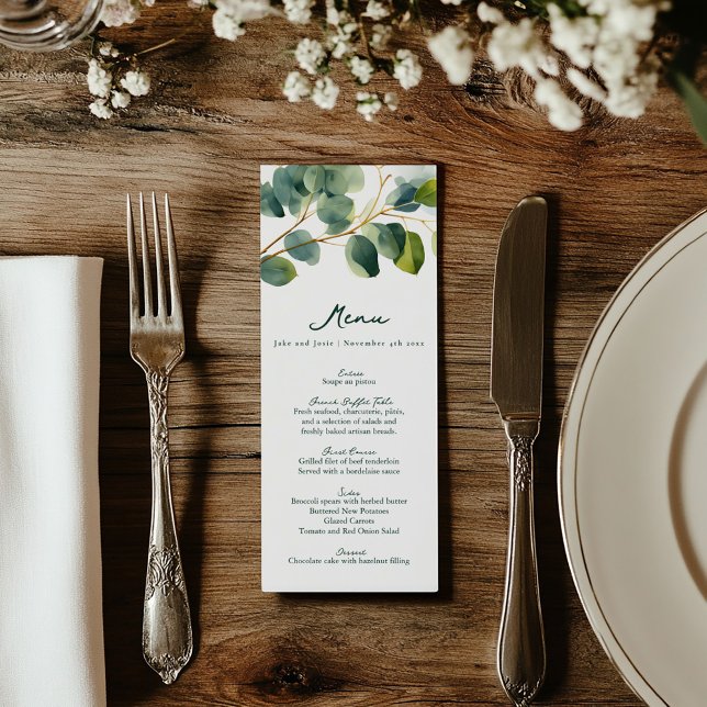 Cartão de Menu Elegante Eucalyptus Greenery (Wedding reception dinner menu with green text and eucalyptus leaves framing the top)