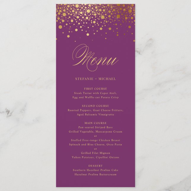 Cartão de Menu Elegante Púrpura para Folha Ouro Fa (Frente)
