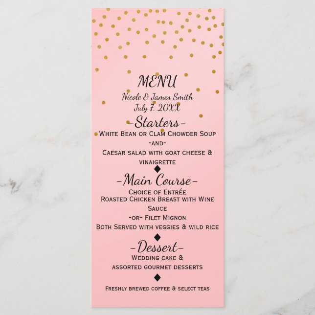 Cartão de Menu Elegante Rosa Bege Pequeno Confete  (Frente)
