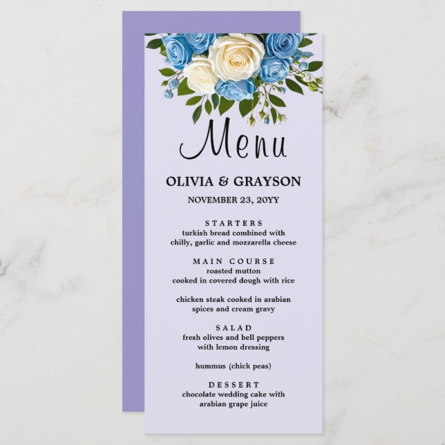 Cartão de Menu Floral Azul e Branco (Frente/Verso)