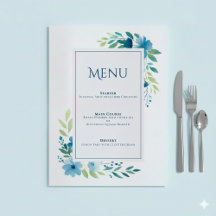 Cartão de Menu Floral Azul Elegante