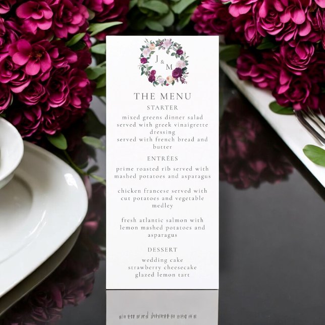 Cartão de menu floral de burgundy Elegante (burgundy florals wedding menu card )