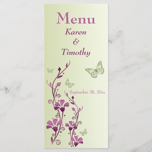 Cartão de Menu Floral de Casamento com Borboleta V (Frente)