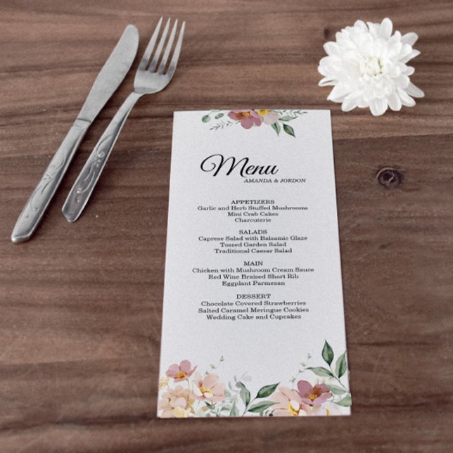 Cartão de Menu Floral de Casamento Rosa e Mauve Vi (Criador carregado)