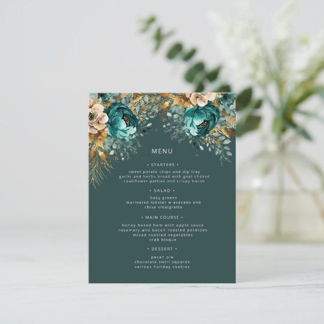 Cartão de Menu Floral de Luxo Dourado Teal (Em pé/Frente)