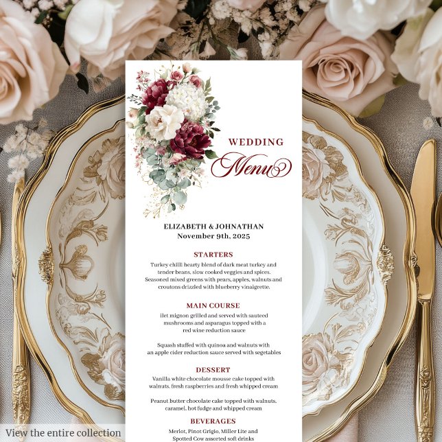 Cartão de menu floral de ouro branco Boho burgundy (Boho burgundy white gold floral wedding menu card

)