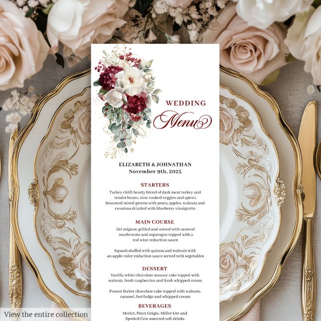 Cartão de menu floral de ouro branco Boho marsala (Boho marsala white gold floral wedding menu card

)