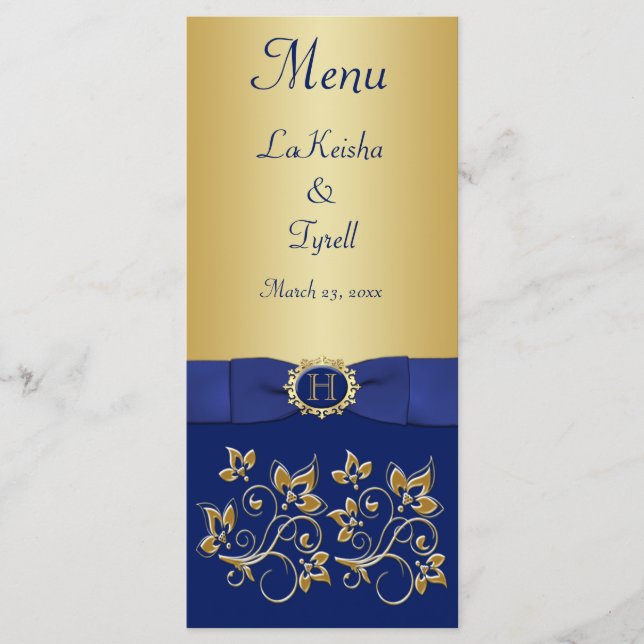 Cartão de Menu Floral Dourado, Azul Monograma (Frente)