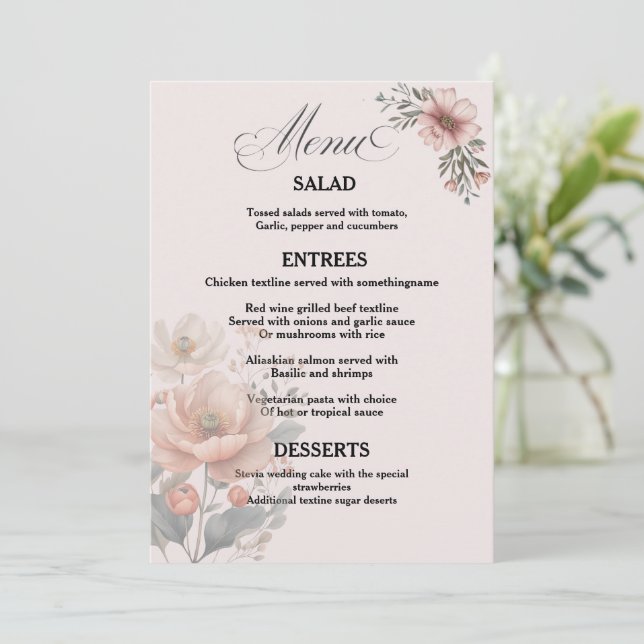 Cartão de Menu Floral Personalizável Elegante (Em pé/Frente)