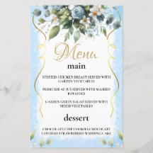 Cartão de Menu Floral Rústico Elegante Azul e Dour