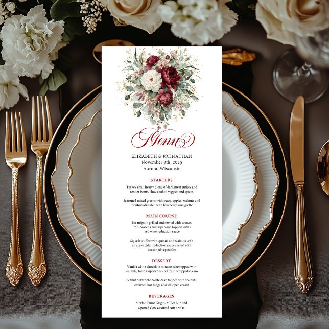 Cartão de Menu Flores Burgundy Boêmio Chic (Chic Bohemian Burgundy Flowers Gold Menu Card)