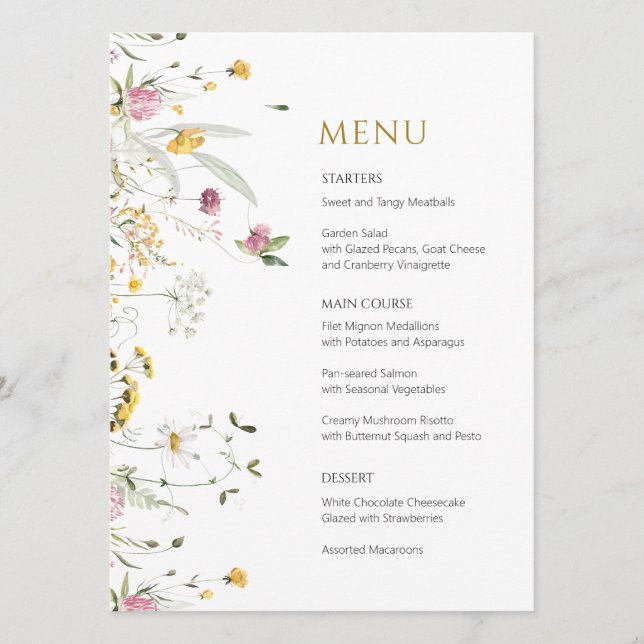 Cartão de Menu Flores Silvestres Rosa Amarelo (Frente)