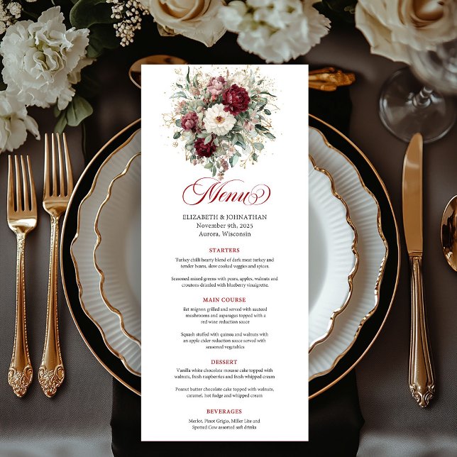 Cartão de Menu Flores Vermelho Glam Eucalipto Dour (Glam Deep Red Flowers Eucalyptus Gold Menu Card)