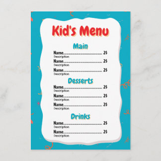 Cartão de Menu Infantil de Restaurante