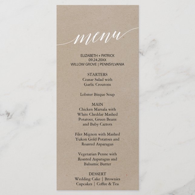 Cartão de Menu Janto de Caligrafia Faux Kraft Eleg (Frente)