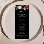 Cartão de Menu Janto de Casamento Botânico Rustic<br><div class="desc">Este cartão de janto botânico preto é perfeito para um casamento clássico. A design apresenta flores brilhantes, vermelhas, marinhos, azuis e esbranquiçadas radiantes e graciosas pintadas à mão num fundo preto, inspirando beleza natural. Este menu pode ser usado para recepção de casamento, janto de ensaio, chá de panela ou qualquer...</div>