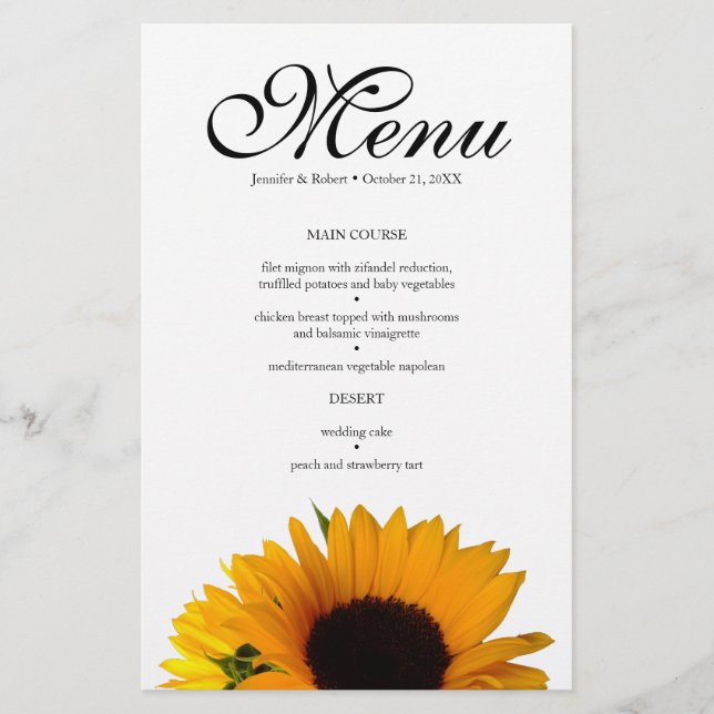 Cartão de Menu Janto de Casamento de Girassol (Frente)
