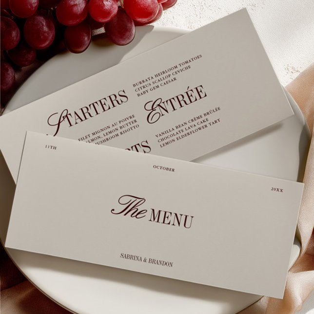 Cartão de Menu Janto de Casamento de Marinha e Bor (Elegant Burgundy & Ivory Wedding Dinner Menu Card)