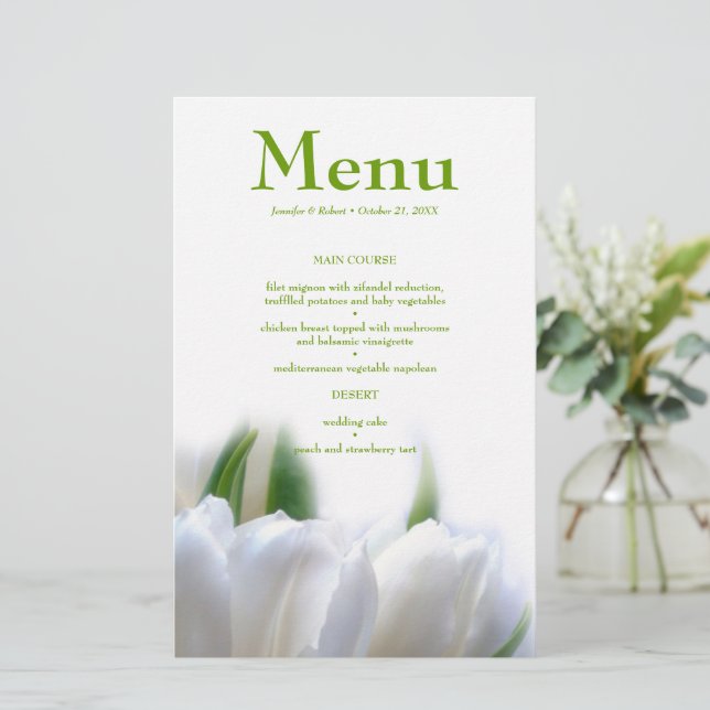 Cartão de Menu Janto de Casamento de Tulipas Branc (Em pé/Frente)