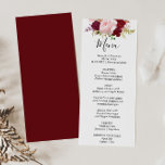 Cartão de Menu Janto Tropical Vermelha e Românica<br><div class="desc">Este cartão vermelho tropical e romântico de janto é perfeito para um casamento rústico. O design de marsala artístico bordo apresenta rosas de aquarela, verdes, cor-de-rosa, burgundy e blush, combinados com verde, bem arrumados num buquê de flores gracioso e radiante. Este menu pode ser usado para recepção de casamento, janto...</div>