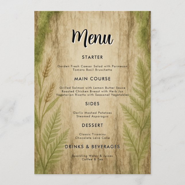 Cartão de Menu Latido Rustic e Moss Forest Weding (Frente)