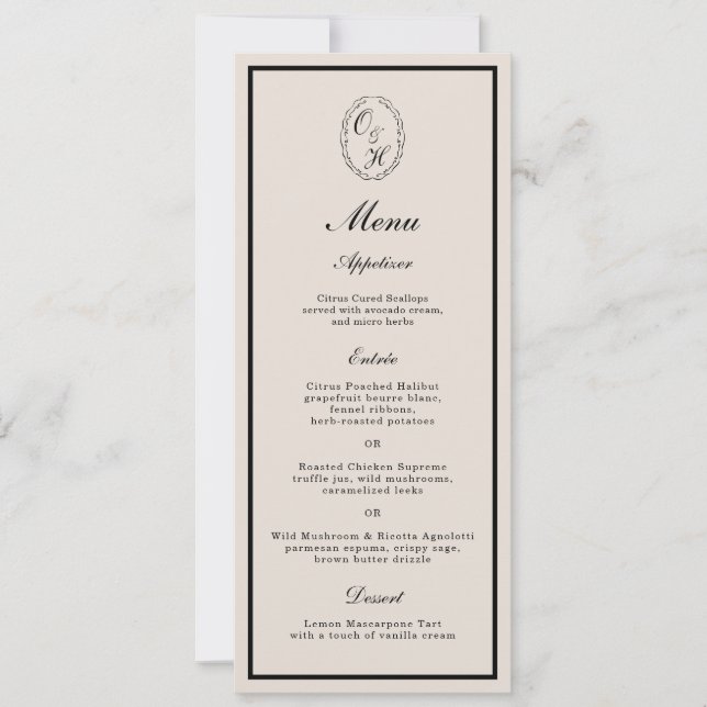 Cartão de Menu Longo Clássico de Monograma para Ca (Frente)