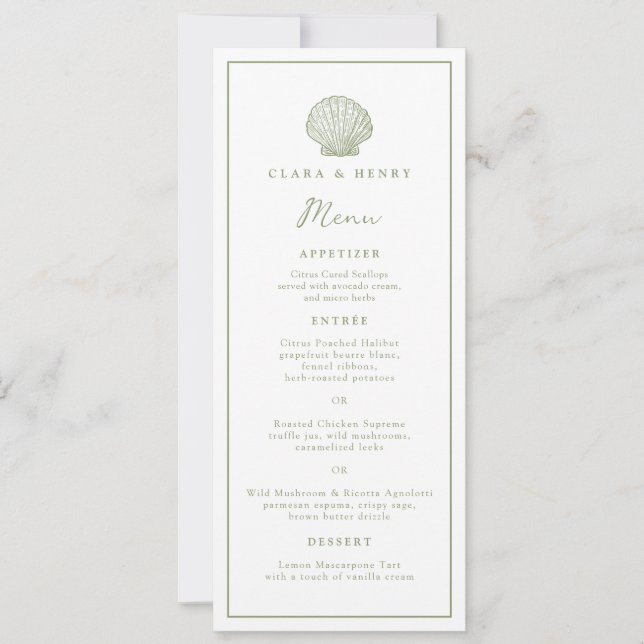 Cartão de Menu Longo de Casamento Costeiro em Verd (Frente)