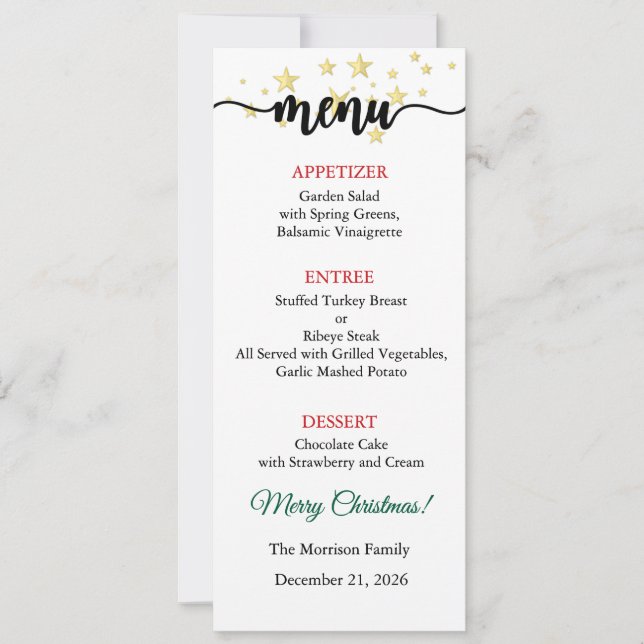 Cartão de Menu, Menu de Natal, Jantar, Almoço (Frente)