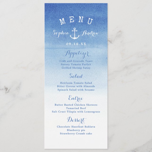 Cartão de menu náutico para o casamento de praia e (Frente)