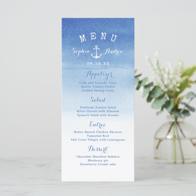 Cartão de menu náutico para o casamento de praia e (Em pé/Frente)