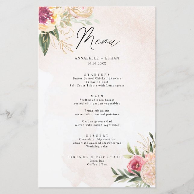 Cartão de Menu Peony e Gold Foil Bloom (Frente)