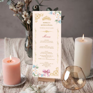 Cartão de Menu Personalizado Classy Crown Pink Bow