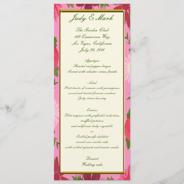 Cartão de Menu Personalizado de Flores Rosa (Frente)
