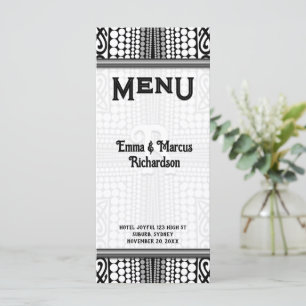 Cartão de Menu Preto Branco Borda Urbana Tribal Mo