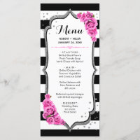 Cartão de Menu Preto Branco Prata Rosa