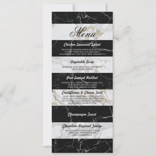 Cartão de Menu Preto e Branco de Recepção de Casam (Frente)