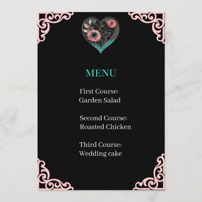 Cartão de Menu Recepção de Casamento Coração Quill (Frente)