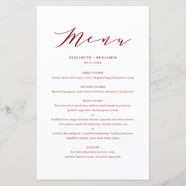 Cartão de Menu Red Wedding Script Dacil Minimalist (Frente)