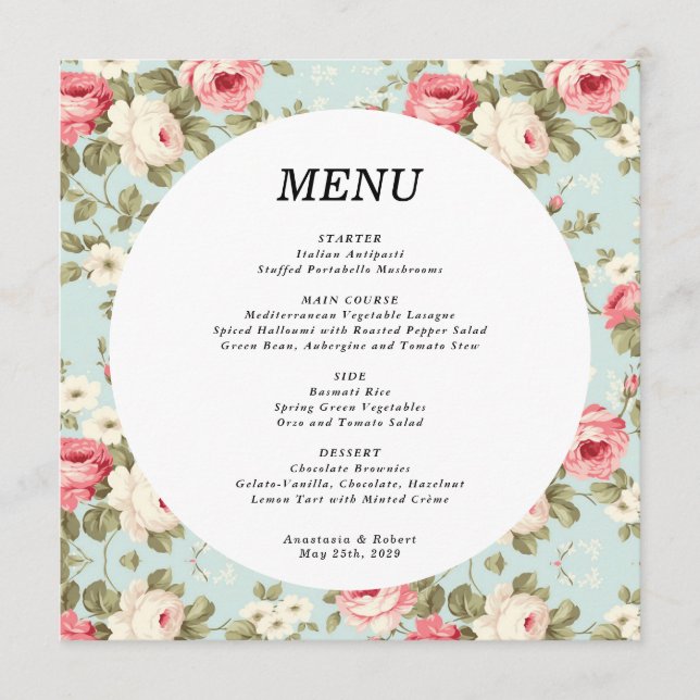 Cartão de Menu Redondo de Casamento Floral Românti (Frente)