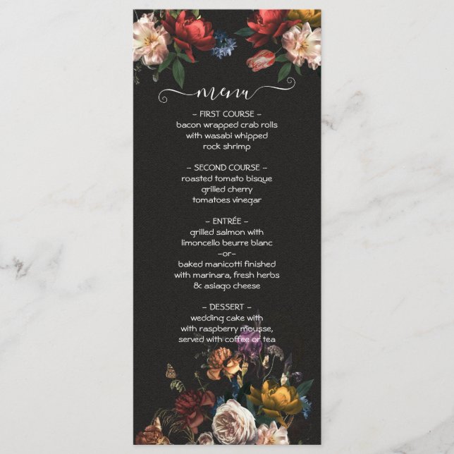 Cartão de menu Rembrandt Floral Dark & Moody Weddi (Frente)