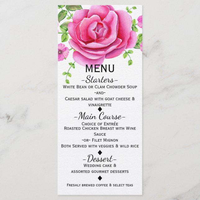 Cartão de Menu Rosa Floral Shabby Chic (Frente)
