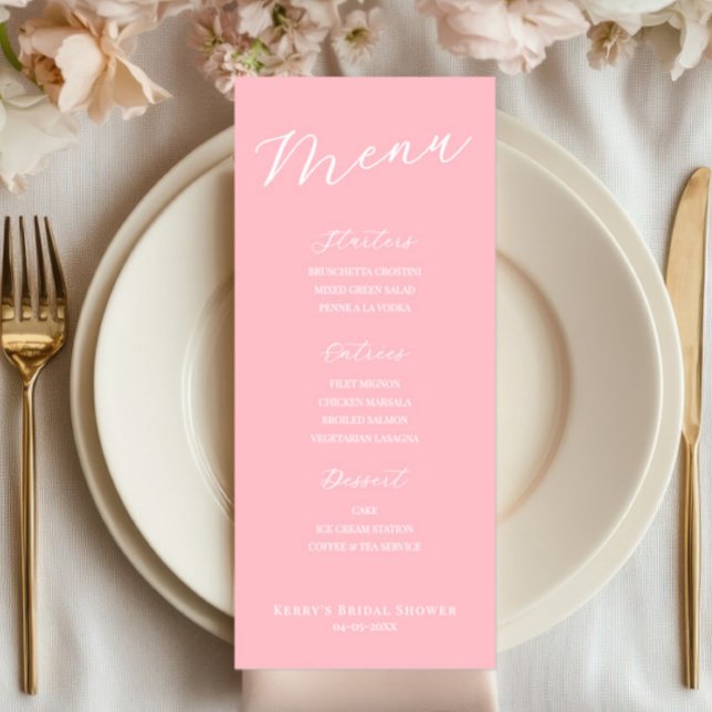 Cartão de Menu Rosa Simples Minimalista (pink menu sign, wedding menu, bridal shower, baptism decor, simple minimalist, elegant reception)