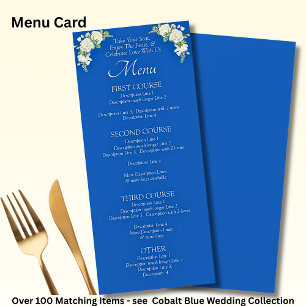 Cartão de Menu - Rosas Azul e Brancas Cobalto