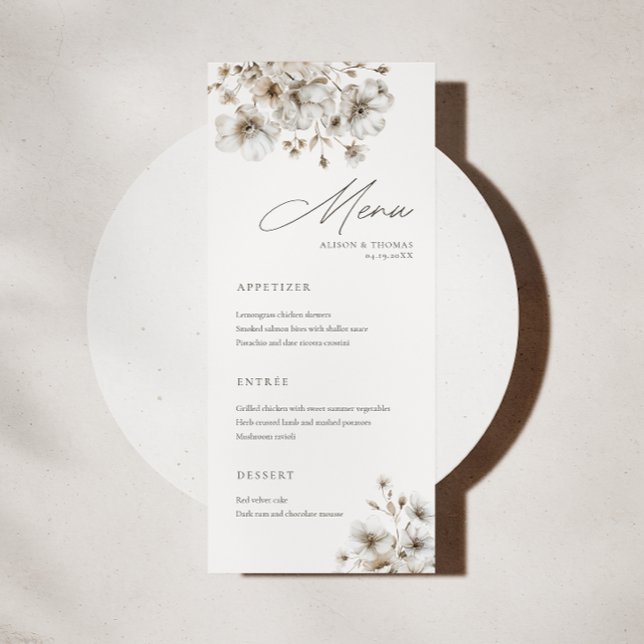 Cartão de Menu Rustic Cream Floral Wedding (Criador carregado)