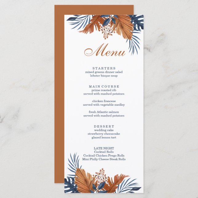 Cartão de Menu Rustic Midnight Blue Monstera (Frente/Verso)